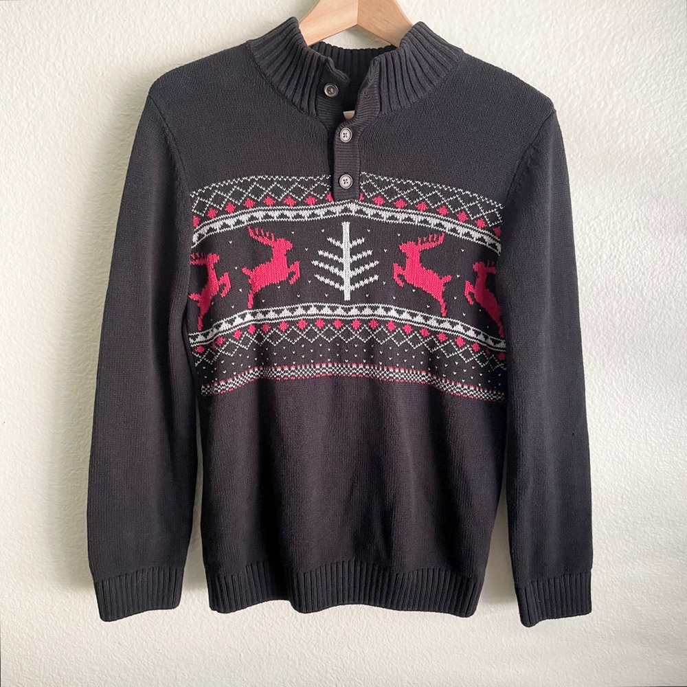 Holiday Button Mock Neck Sweater Boys Size L 14/16 in Black